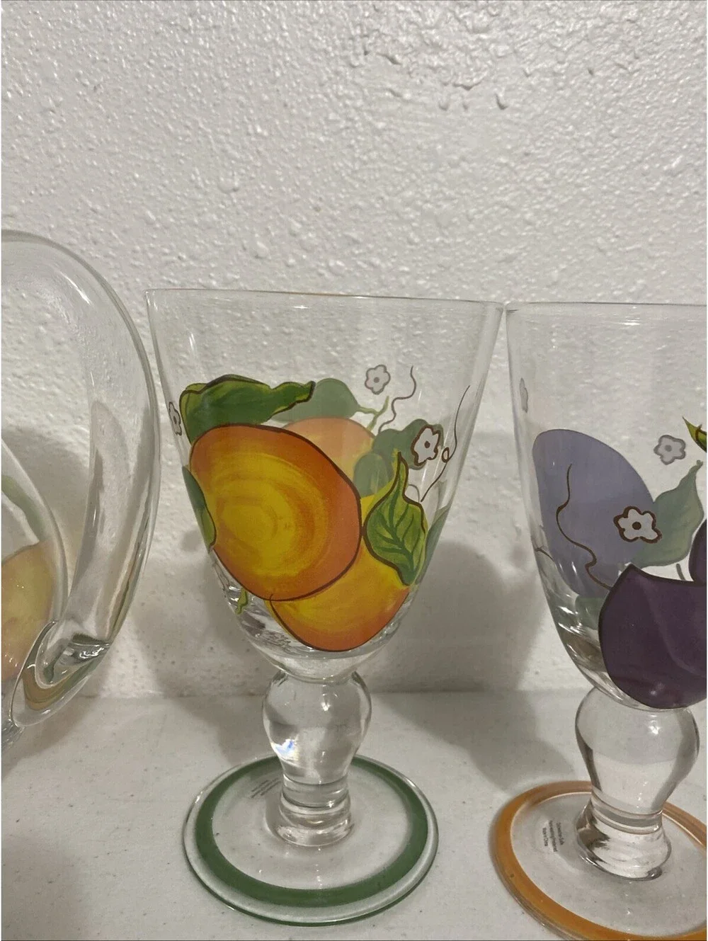 Glass Hand Painted Fruit  Water Juice Pitcher Glasses Fall Summer Colorful Clear